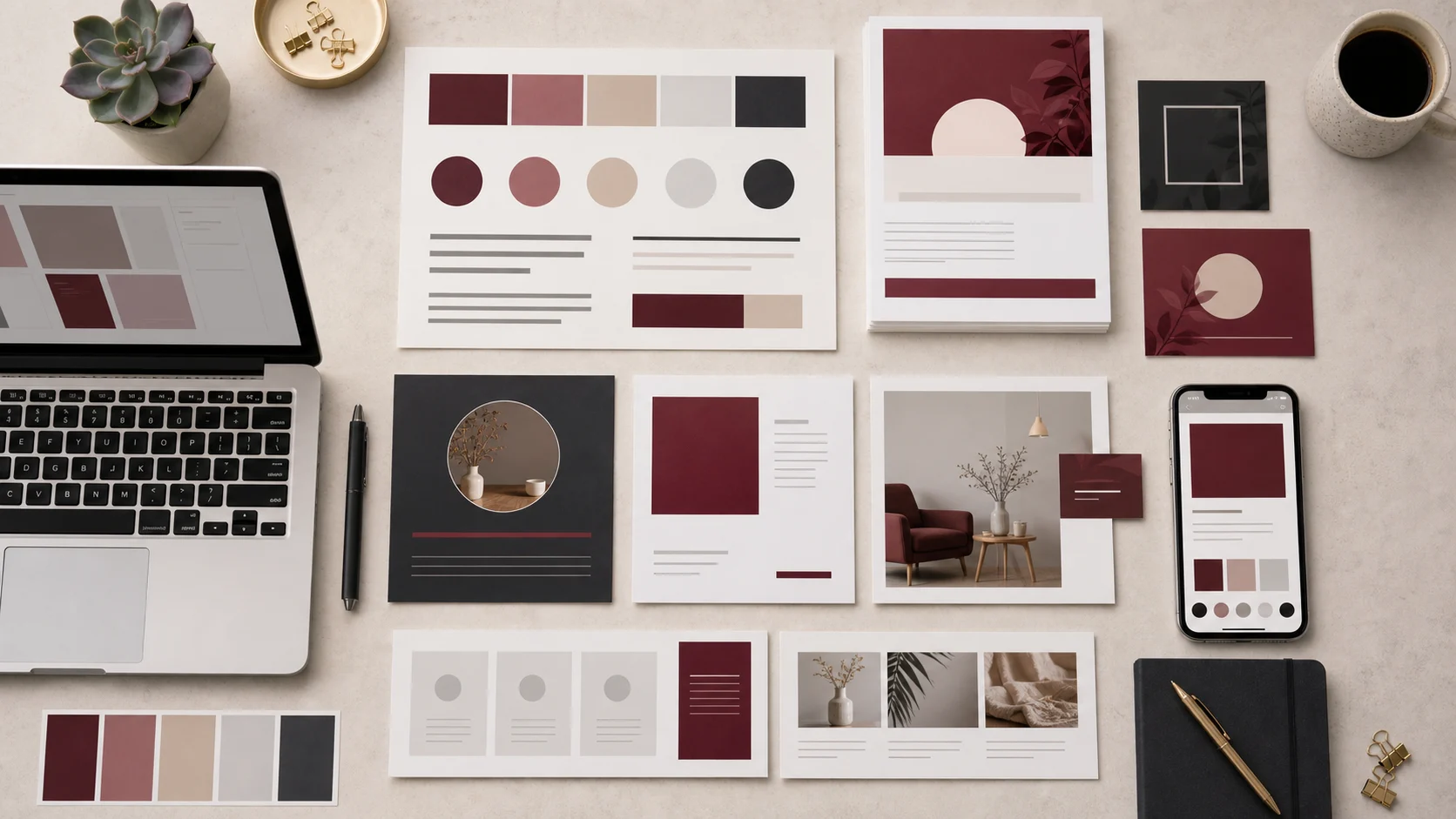 Cartes de modèles visuels et palette de marque organisées sur un bureau