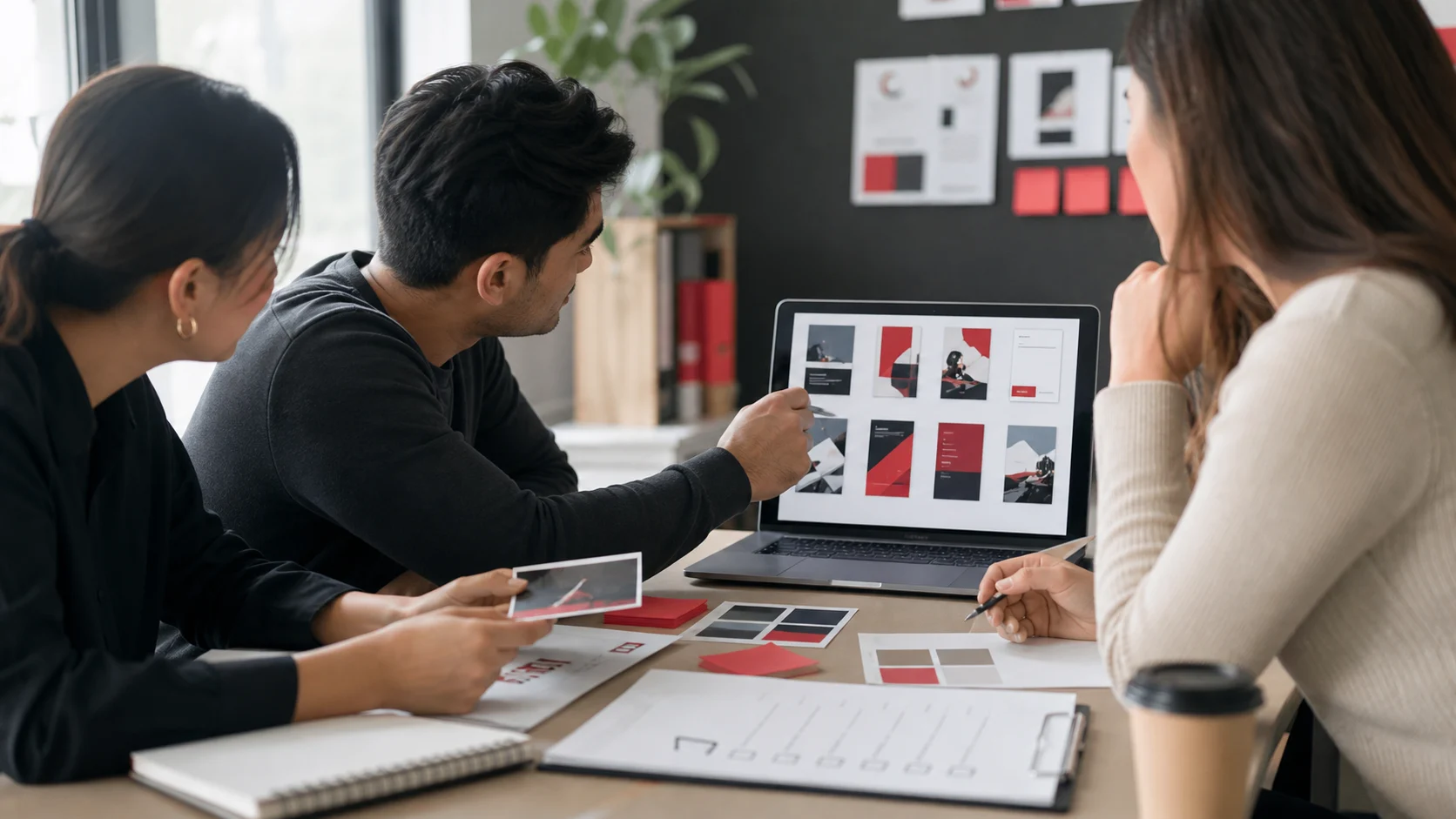 Équipe vérifiant des modèles visuels réutilisables avant publication