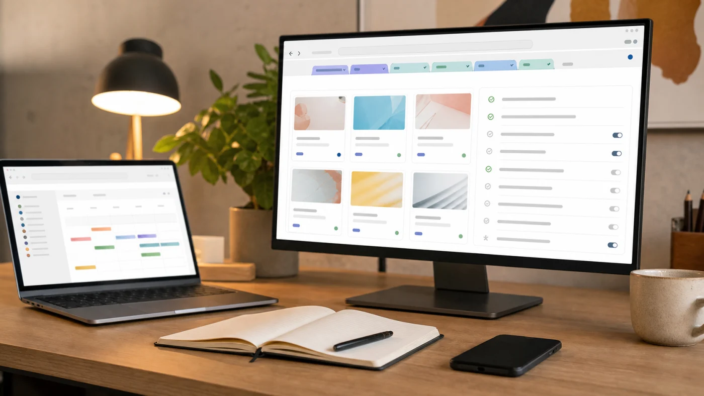Bureau avec navigateur organisé et checklist d’extensions marketing.