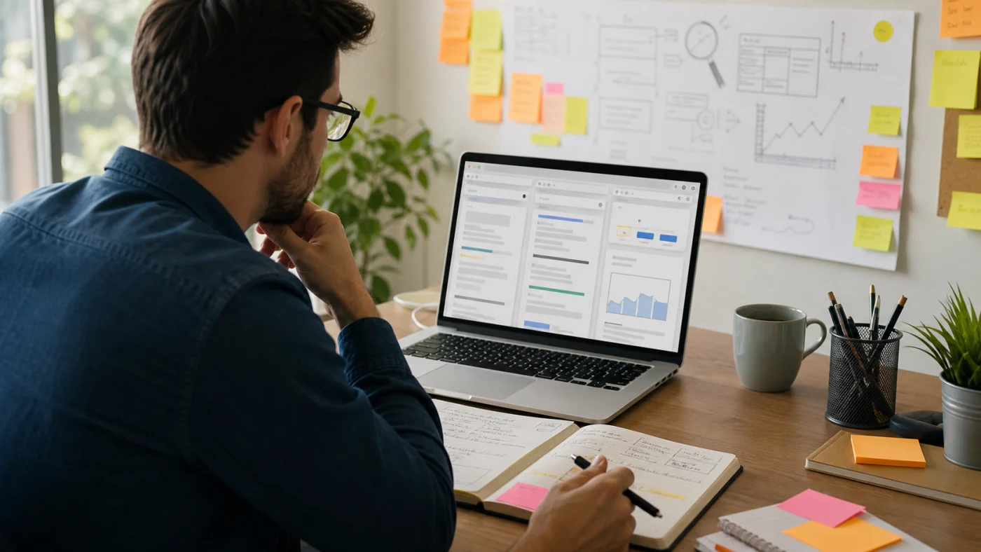 Workflow SEO avec extensions Chrome et notes de recherche webmarketing.