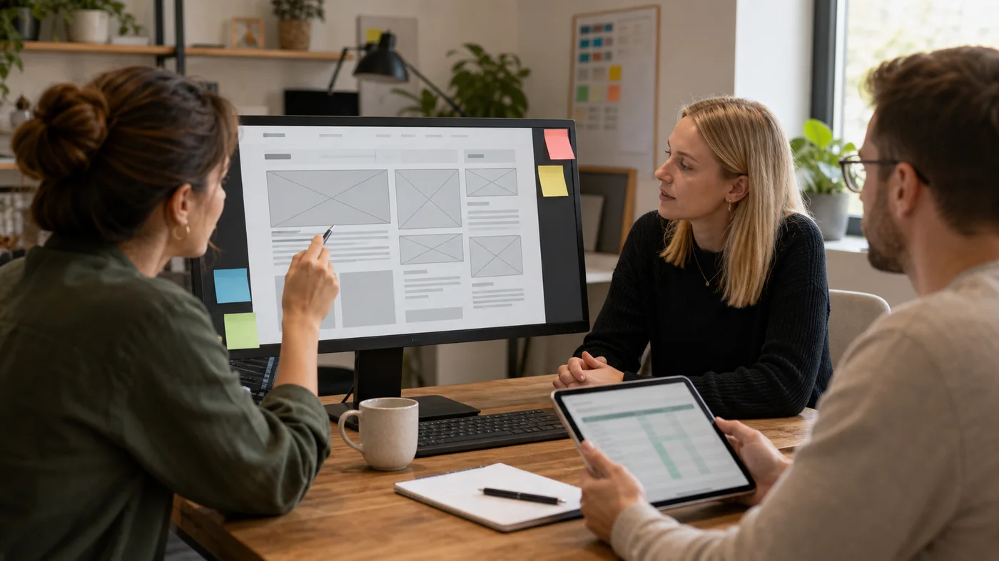 Equipe creative cadrant un devis de site internet autour de wireframes