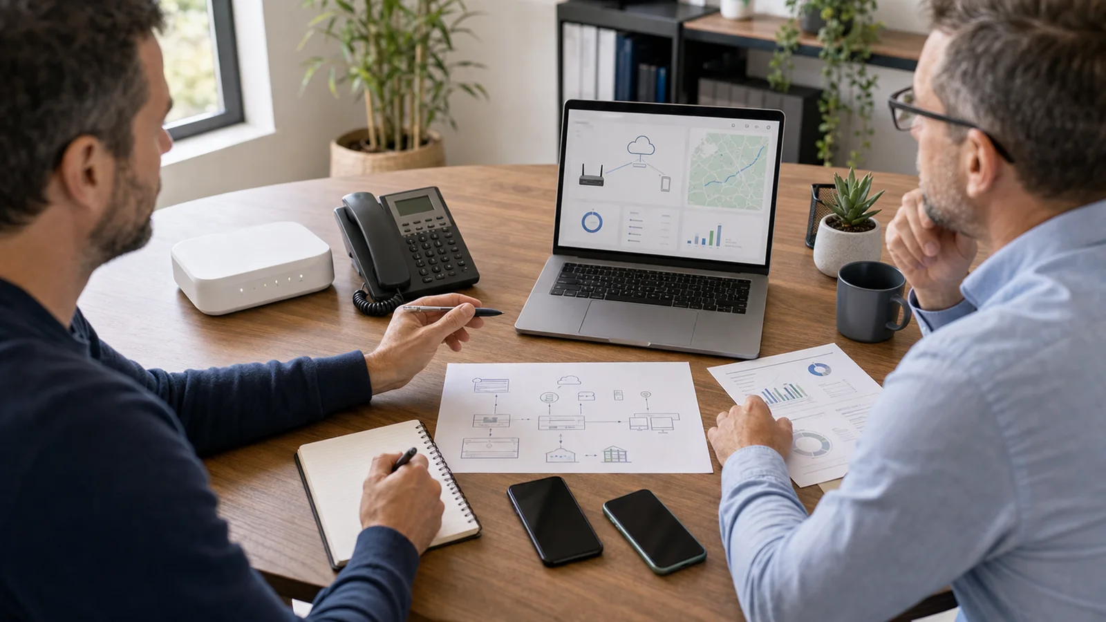 Equipe PME comparant une architecture télécom sur un ordinateur