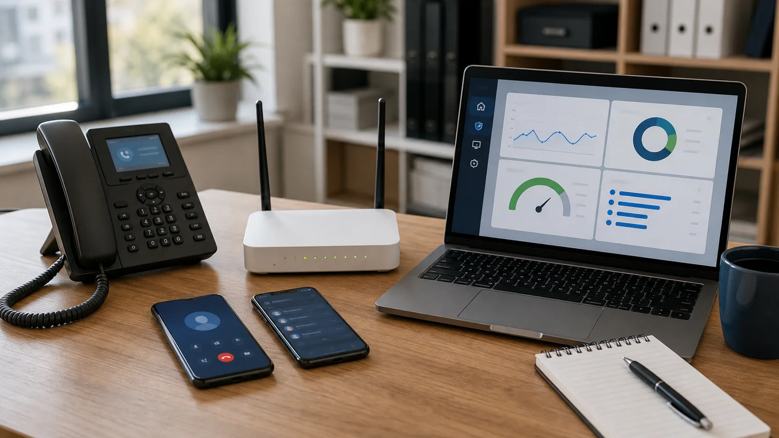 Poste de travail avec téléphonie fixe, mobiles professionnels et routeur de secours
