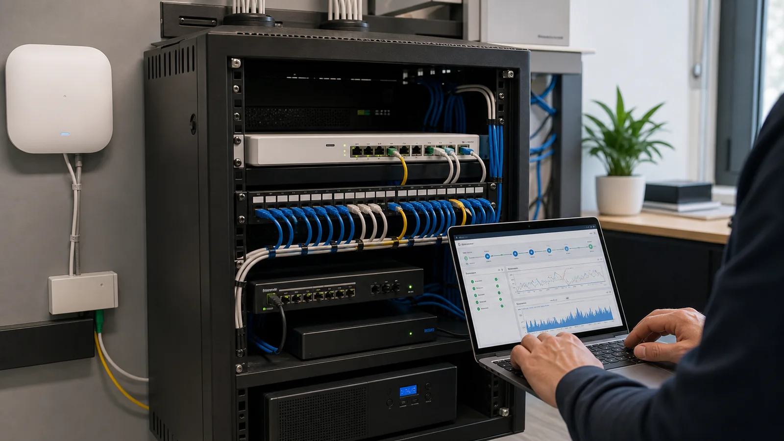Baie réseau PME avec routeur fibre et point d’accès Wi-Fi