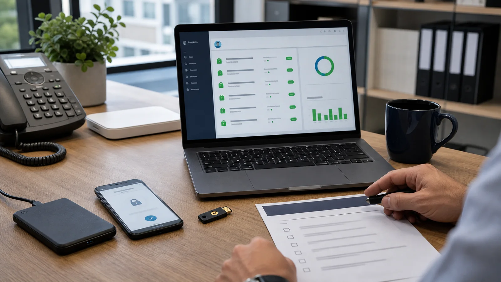 Bureau IT avec MFA, clé de sécurité et support de sauvegarde