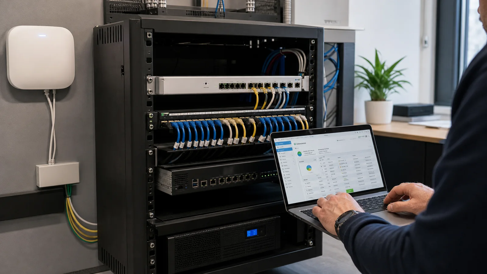 Baie réseau PME avec pare-feu, switch managé et borne Wi-Fi