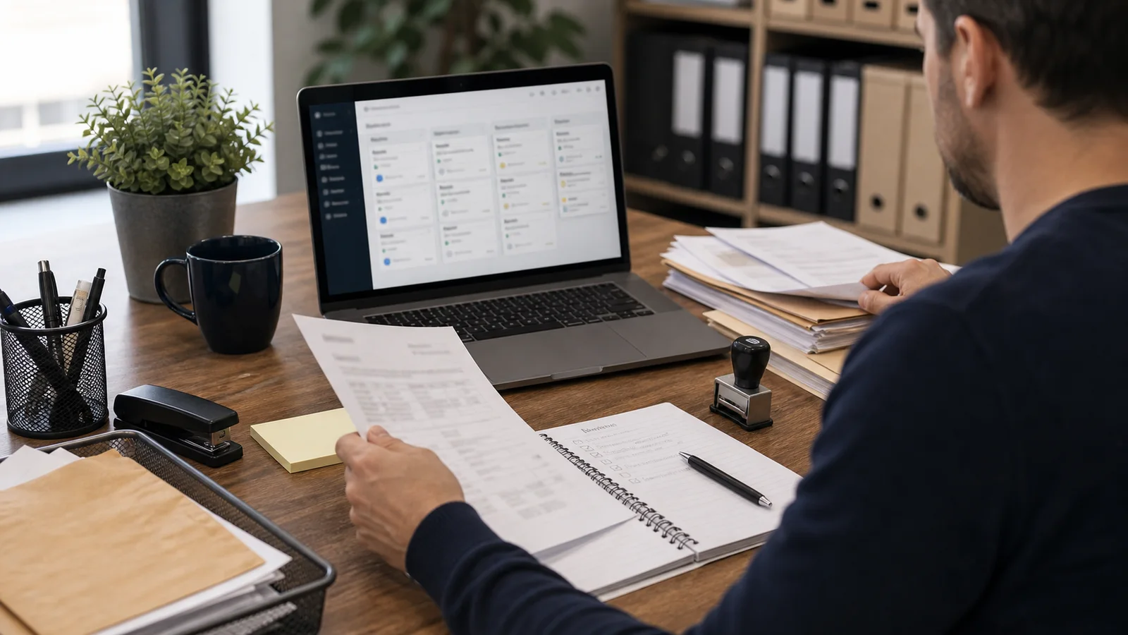 Bureau PME avec factures papier et tableau de bord de processus numérique
