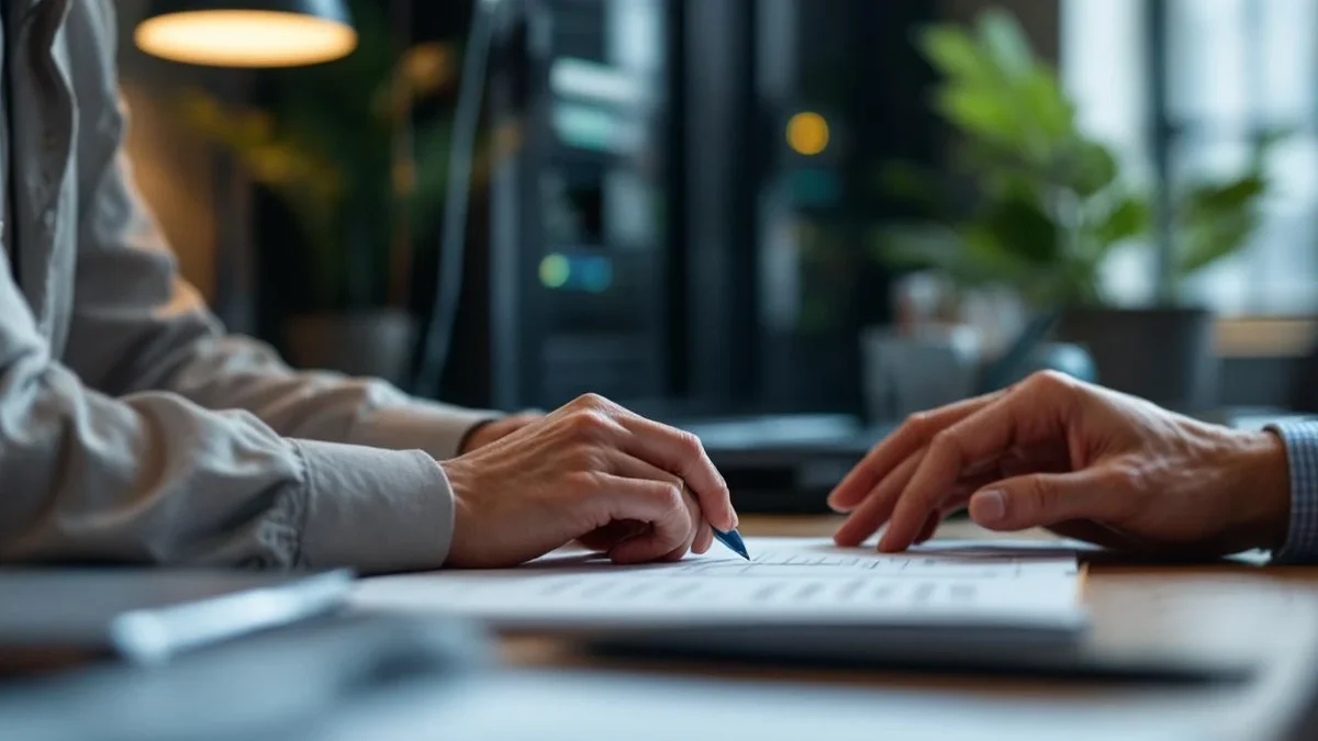 Échange autour d’un document de cybersécurité dans un bureau avec baie serveur en arrière-plan