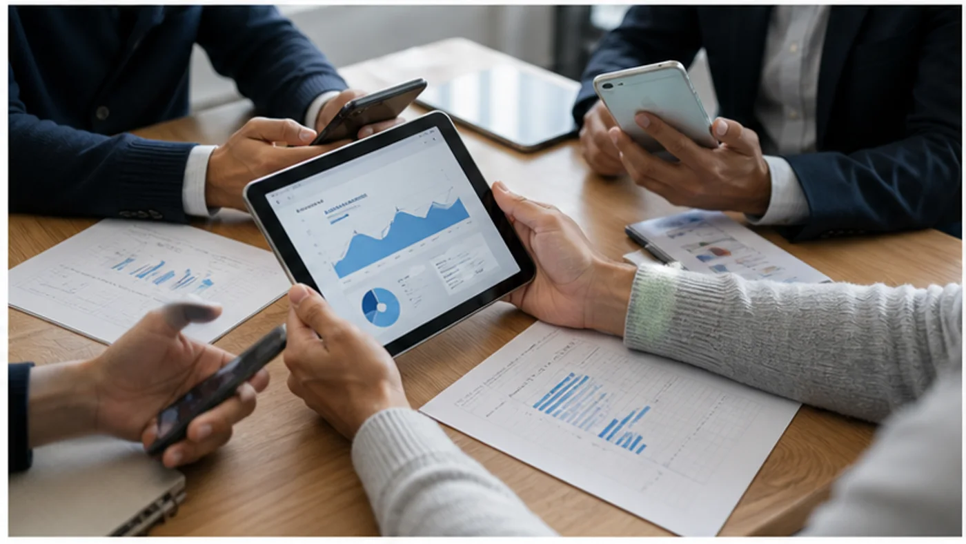 équipe PME suivant la consommation data mobile sur tablette et smartphones
