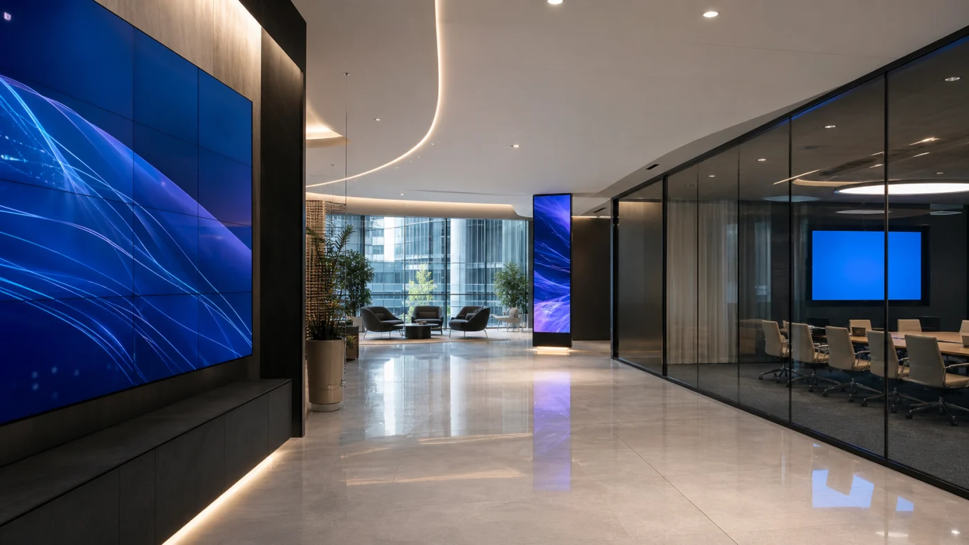 Hall d’entreprise équipé d’écrans d’affichage dynamique et d’une salle de réunion connectée