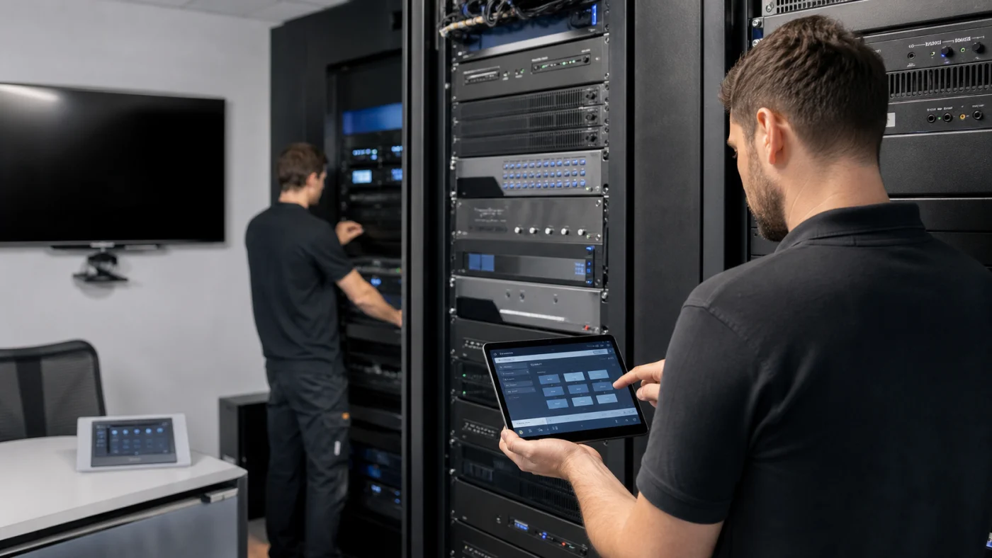 Techniciens configurant des équipements audiovisuels en baie réseau