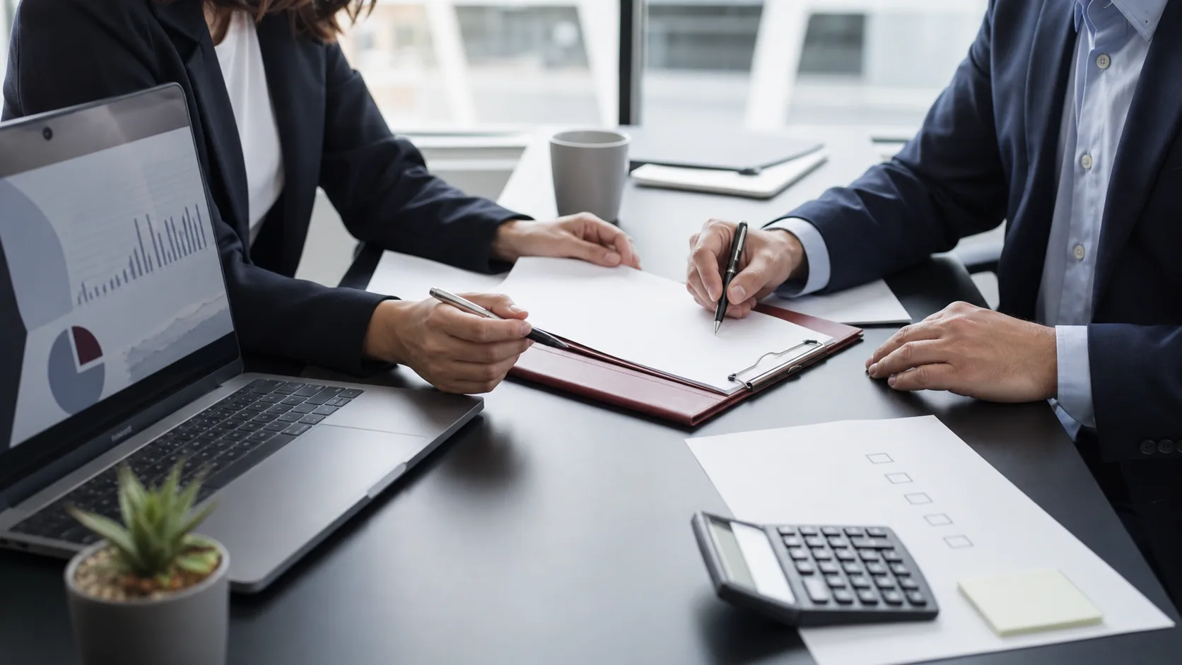 Deux professionnels relisant les conditions d une mission avant signature en portage salarial