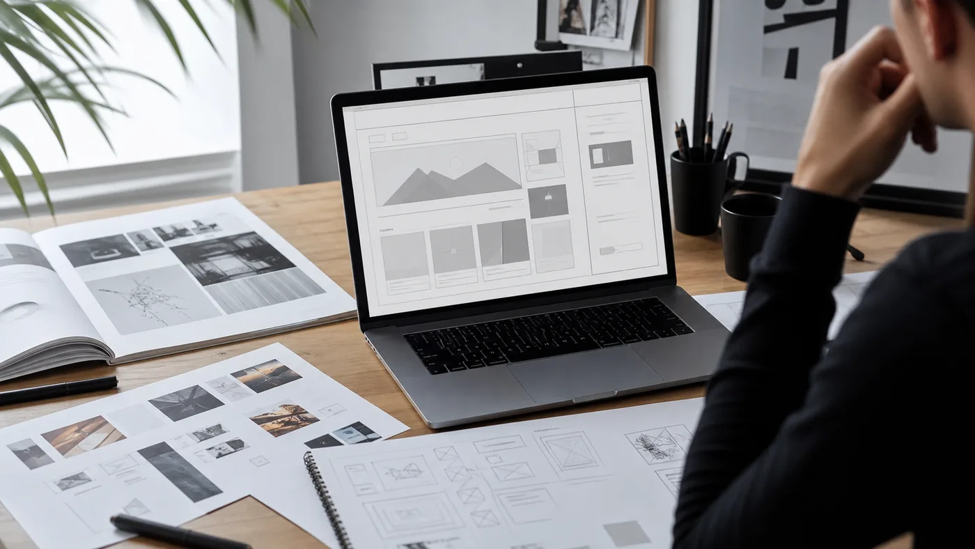 Créatif préparant les wireframes et études de cas de son portfolio professionnel