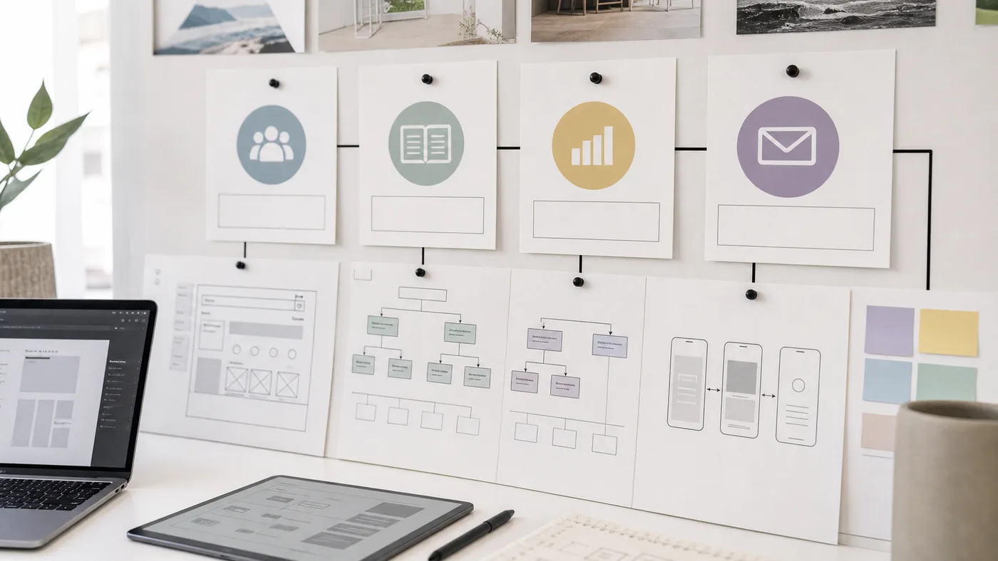 Tableau de structure de portfolio avec parcours visiteur et contact