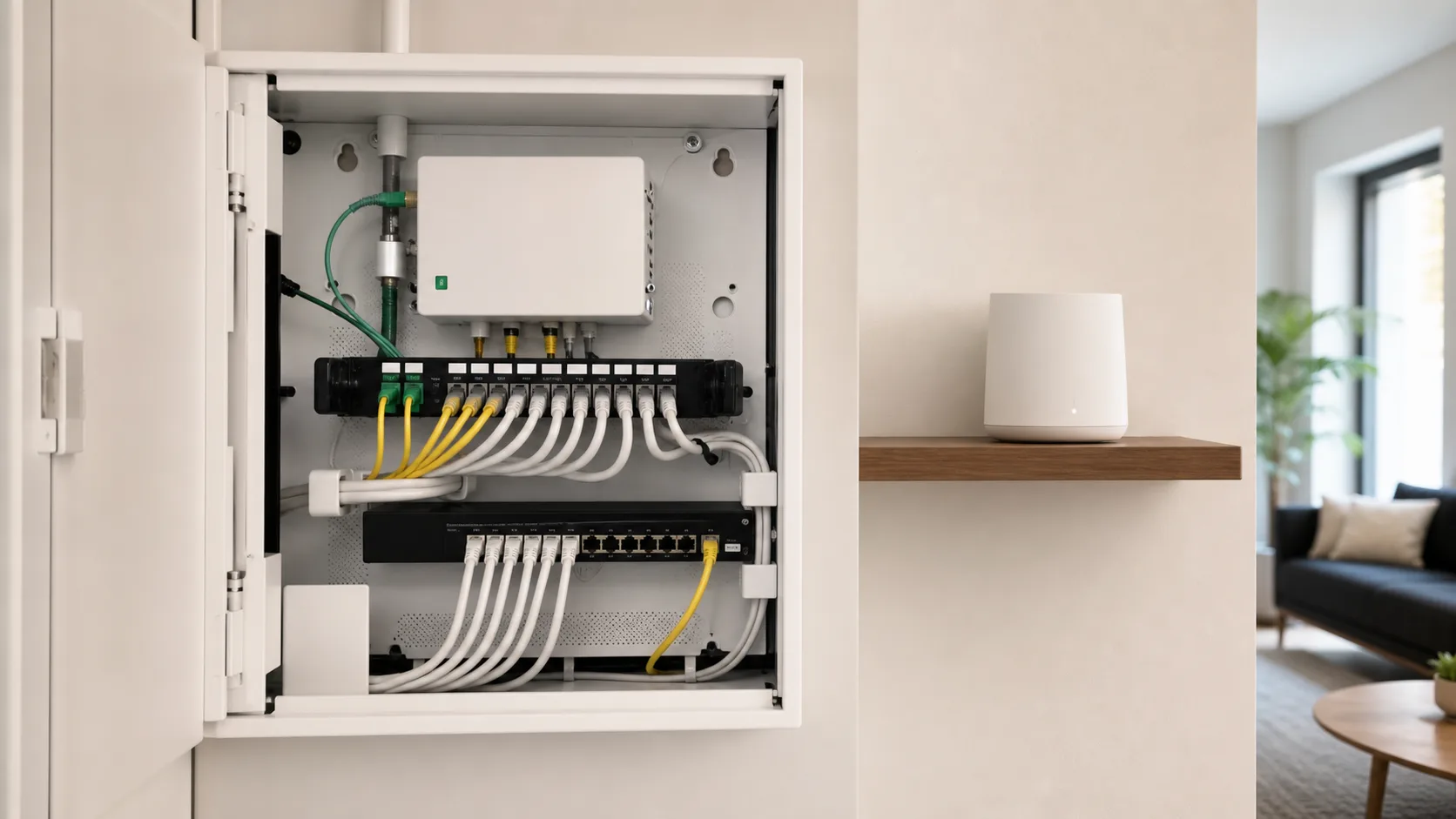 Coffret de communication résidentiel avec distribution Ethernet et point Wi-Fi séparé