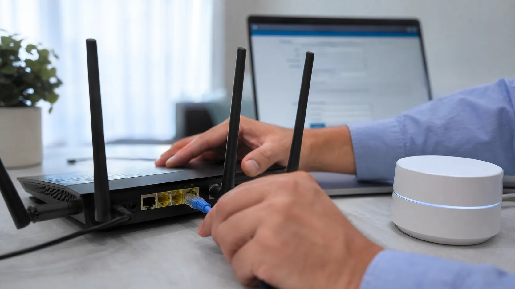 Câble Ethernet branché sur un routeur pour stabiliser une installation domotique