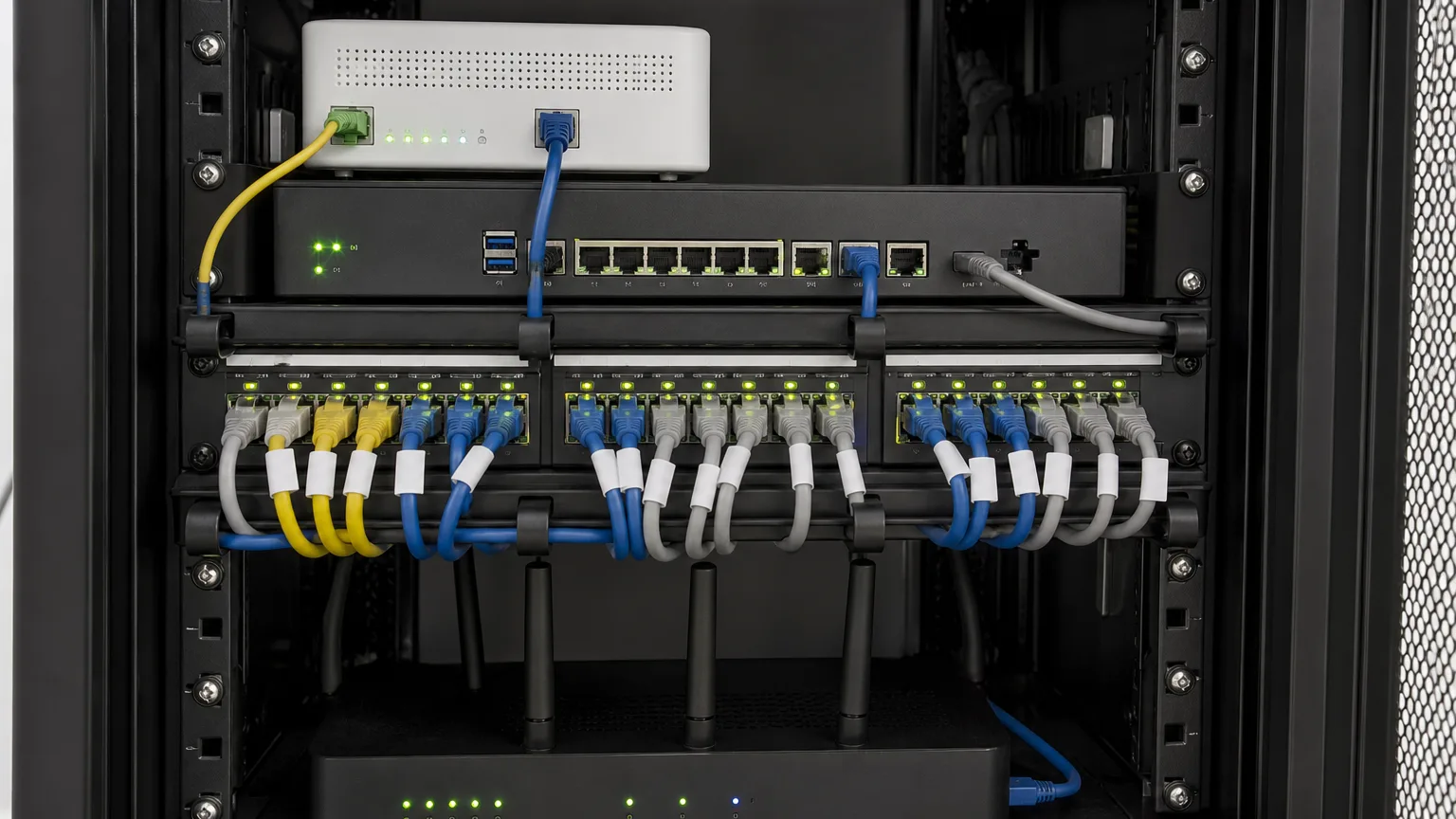 Baie réseau avec modem fibre switch et routeur 5G de secours