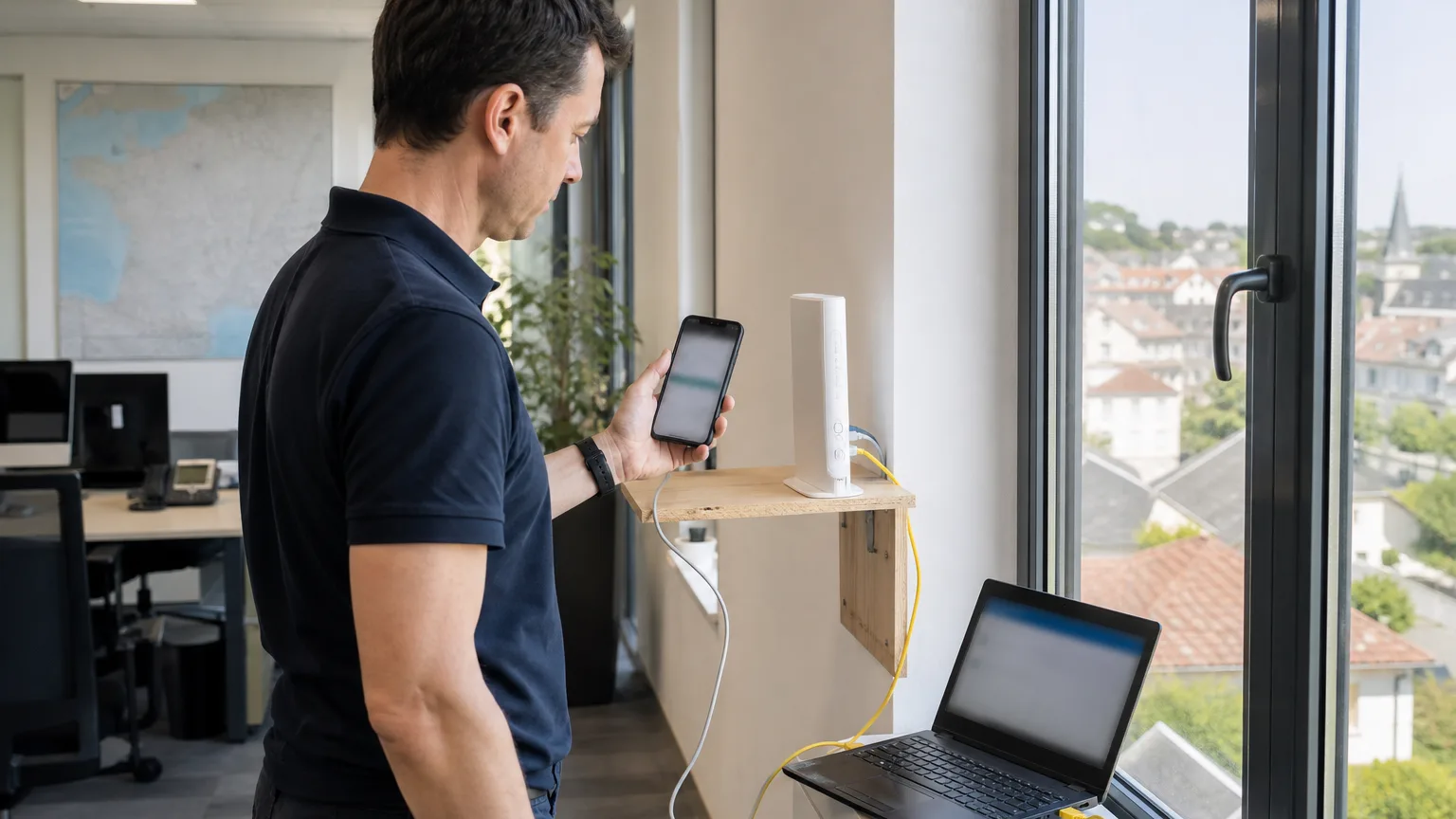 Test de signal 5G près d une fenêtre avec routeur et ordinateur